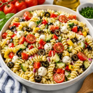 Pasta Salad with rotini, cherry tomatoes, cucumber, bell peppers, black olives, mozzarella pearls, herbs, and Italian dressing in a white bowl