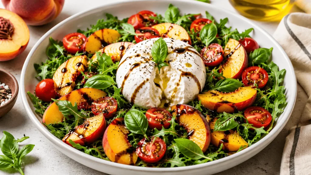 Peach Burrata Salad with fresh peach wedges, cherry tomatoes, arugula, basil, creamy burrata, and balsamic glaze.
