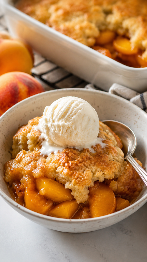 Peach Cobbler served in a rustic bowl with juicy peach cobbler filling, golden buttery peach cobbler topping, and melting vanilla frozen dessert.