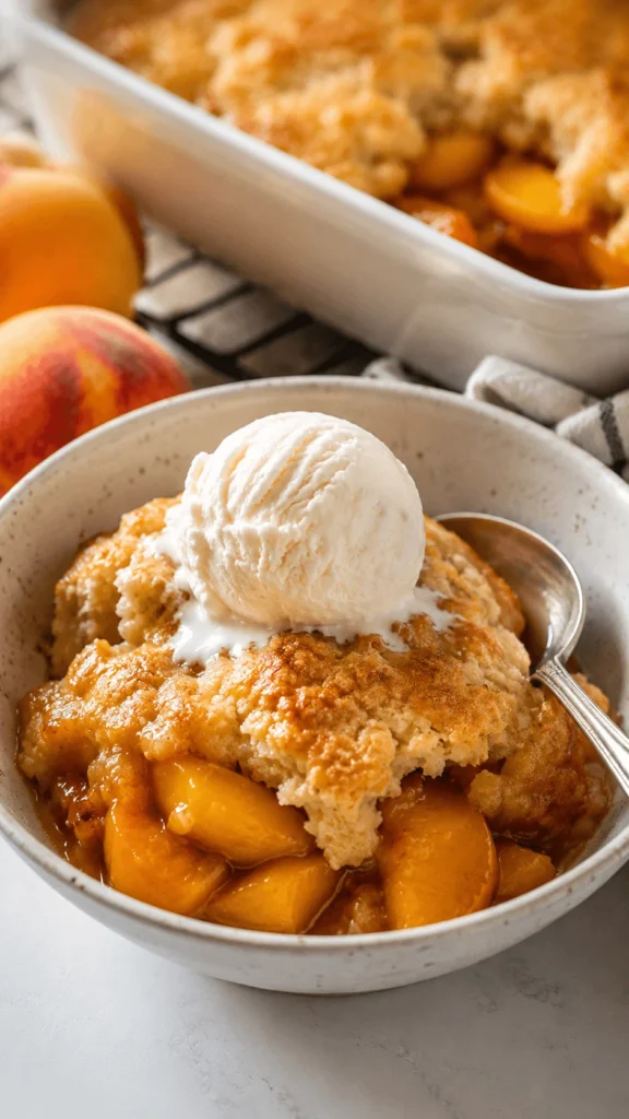 Peach Cobbler served in a rustic bowl with juicy peach cobbler filling, golden buttery peach cobbler topping, and melting vanilla frozen dessert.