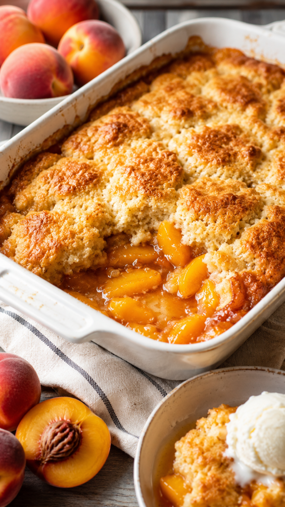 Peach Cobbler in a white baking dish with juicy peach cobbler filling, golden buttery peach cobbler topping, fresh peaches, and a serving bowl.