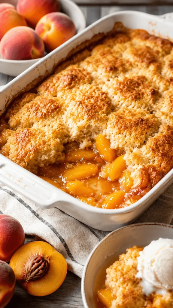 Peach Cobbler in a white baking dish with juicy peach cobbler filling, golden buttery peach cobbler topping, fresh peaches, and a serving bowl.