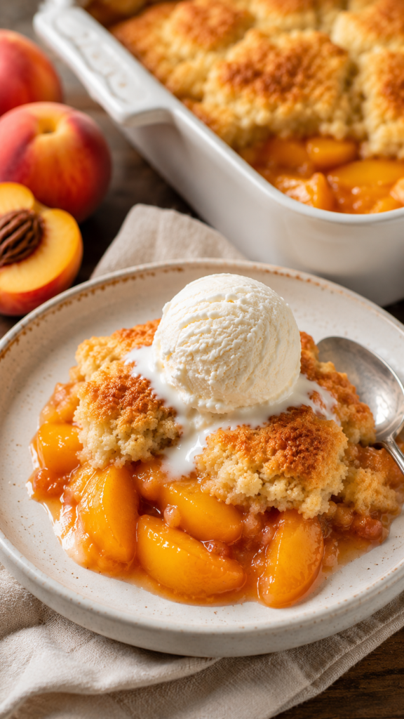 Peach Cobbler served on a plate with juicy peach cobbler filling, golden buttery peach cobbler topping, fresh peaches, and a melting vanilla frozen dessert scoop.