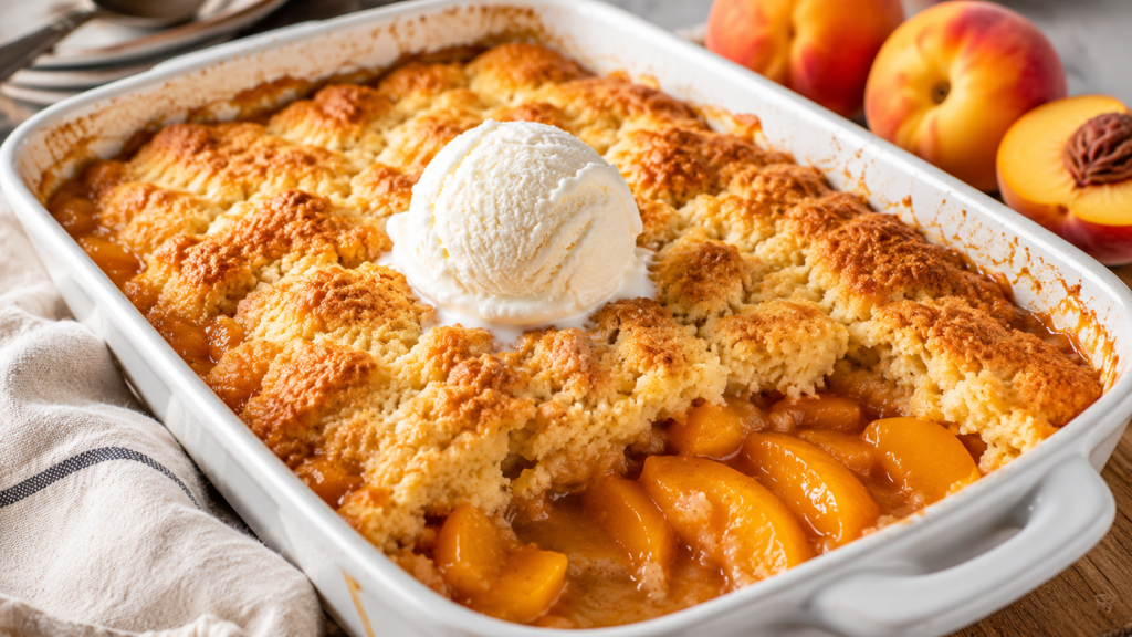 Peach Cobbler in a white baking dish with juicy peach cobbler filling, golden buttery peach cobbler topping, and melting vanilla frozen dessert.
