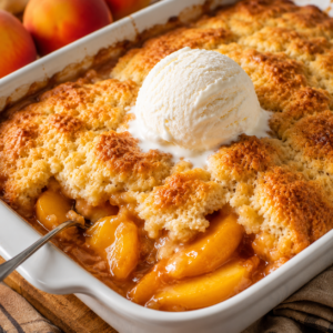 Peach Cobbler in a white baking dish with golden peach cobbler topping, juicy peach cobbler filling, fresh peaches, and melting vanilla frozen dessert.