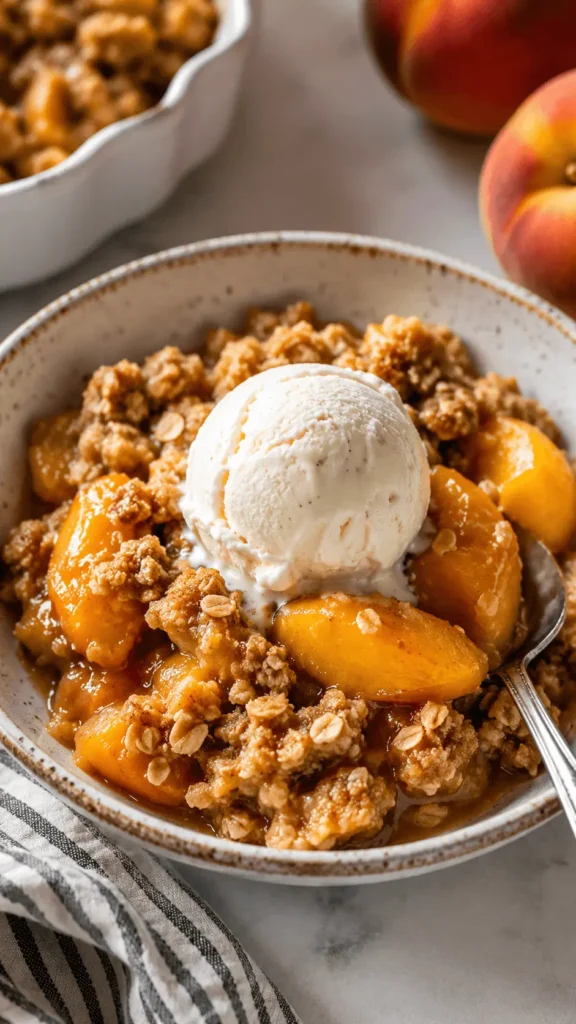 Peach Crisp with juicy peach slices, golden oat clusters, and a scoop of vanilla ice cream in a rustic bowl.