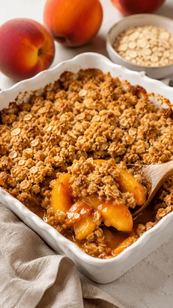 Peach Crisp with fresh peaches, a golden oat topping, and a wooden spoon lifting a warm serving from a white baking dish.