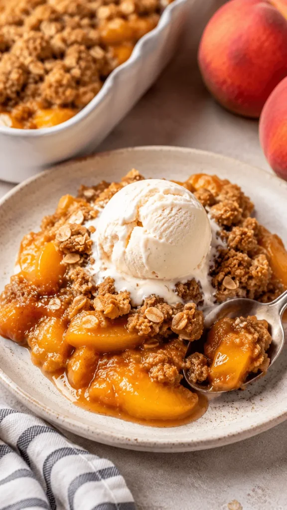 Peach Crisp with fresh peaches, golden oat clusters, and melting vanilla ice cream served on a rustic plate.