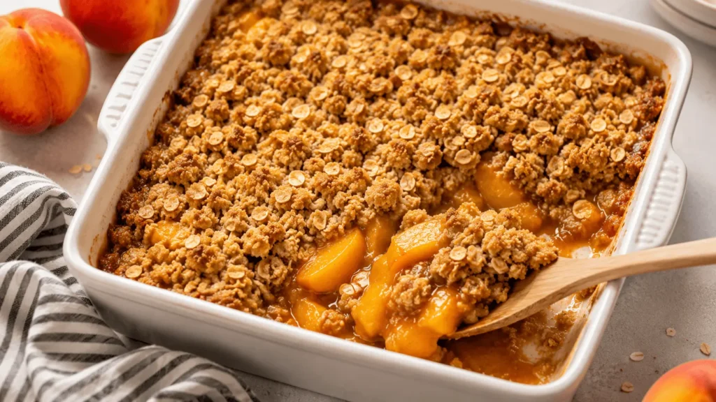 Peach Crisp with fresh peaches, golden oat topping, and a wooden serving spoon in a white baking dish.