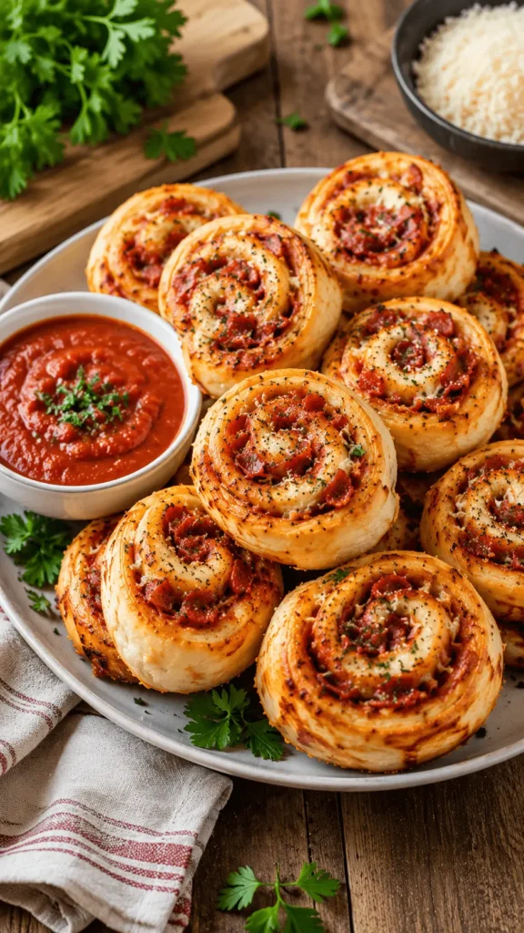 Pizza Pinwheels made with golden pizza dough, melted cheese, tomato sauce, and beef or turkey pepperoni, served with a bowl of dipping sauce.