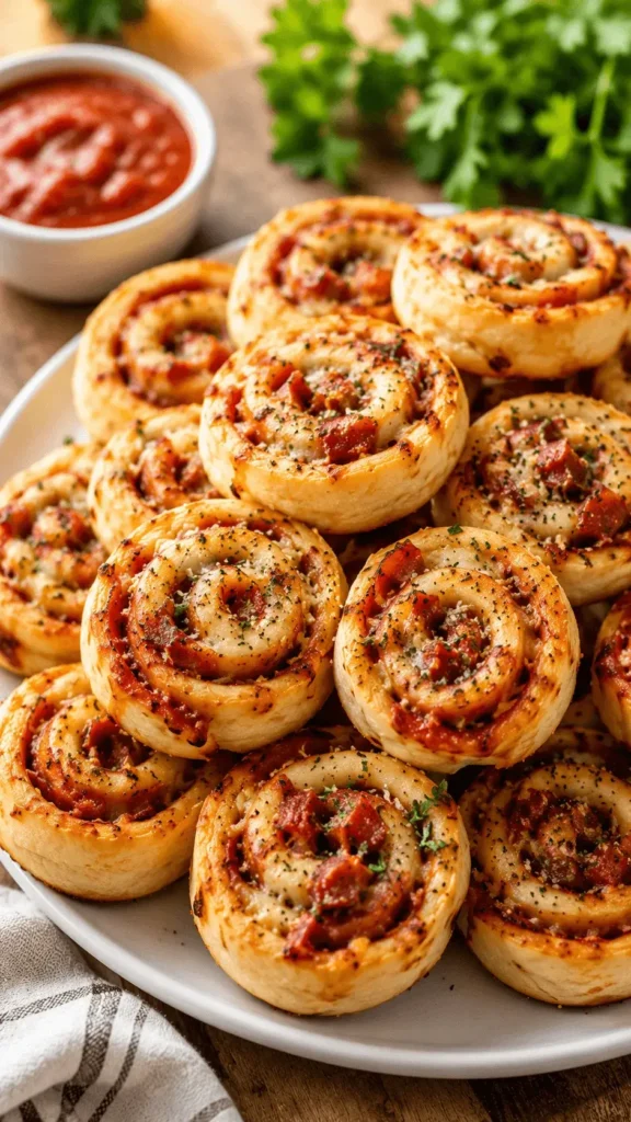 Golden Pizza Pinwheels filled with melted cheese and beef pepperoni served beside tomato dipping sauce