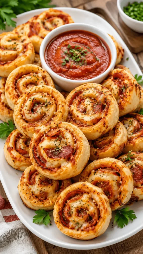 Golden Pizza Pinwheels filled with melted cheese and beef pepperoni served on a platter with tomato dipping sauce