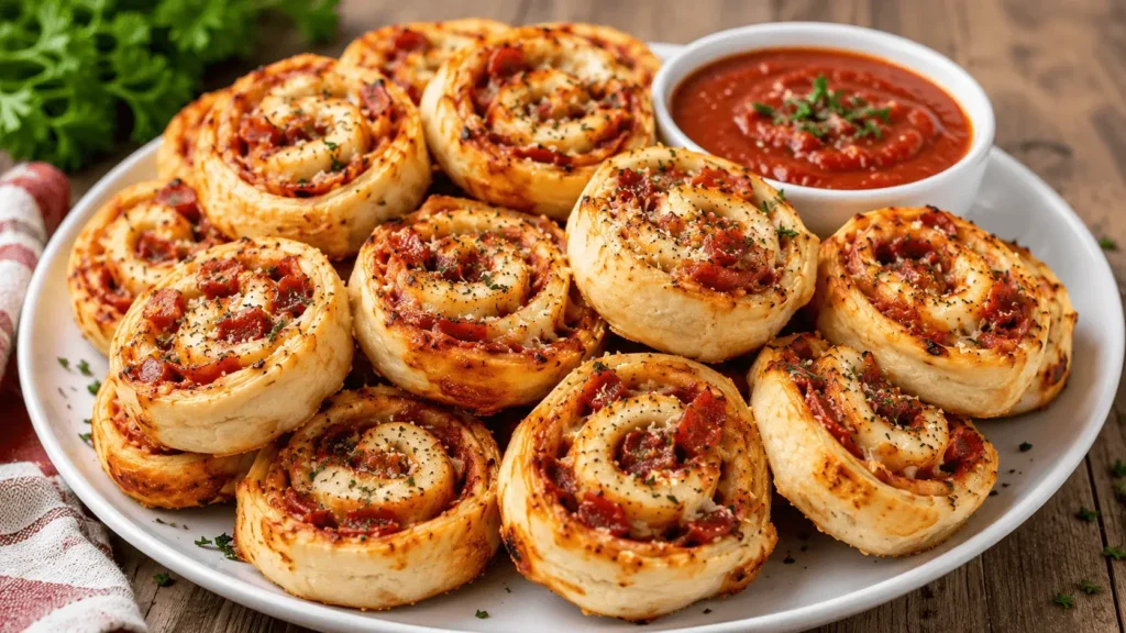 Pizza Pinwheels filled with melted cheese and pepperoni served with a bowl of tomato dipping sauce