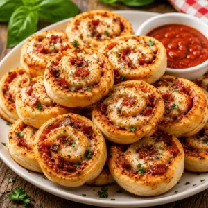 Pizza Pinwheels with golden pizza dough, melted cheese, tomato sauce, finely chopped beef or turkey pepperoni, herbs, and a bowl of dipping sauce.