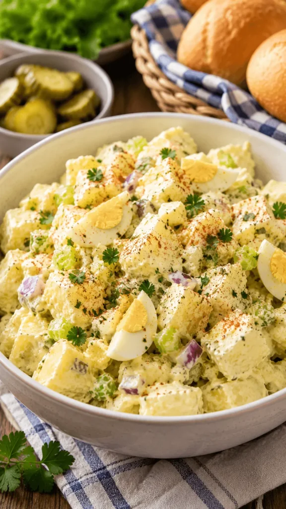 Potato Salad with Egg served in a large bowl with creamy potato chunks, hard-boiled egg wedges, celery, red onion, dill pickles, parsley, and paprika.