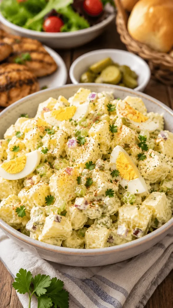 Potato Salad with Egg served in a wide bowl with creamy potato chunks, hard-boiled egg wedges, celery, red onion, pickles, parsley, and paprika.