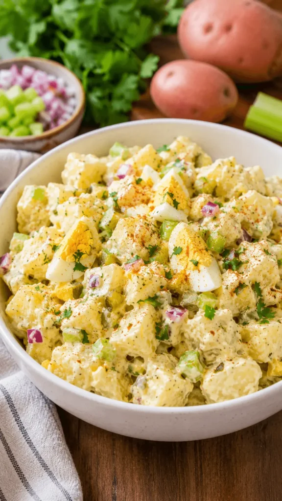 Potato Salad with Egg in a white bowl with creamy potato chunks, hard-boiled egg wedges, celery, red onion, parsley, and paprika.