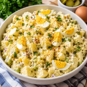 Potato Salad with Egg in a white bowl with creamy potato chunks, hard-boiled egg wedges, celery, red onion, dill pickles, parsley, and paprika.