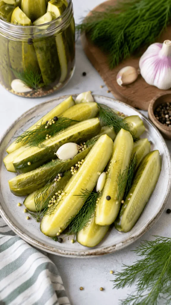 Refrigerator Dill Pickles served as crisp cucumber spears with fresh dill, garlic, mustard seeds, peppercorns, and a jar of clear brine.