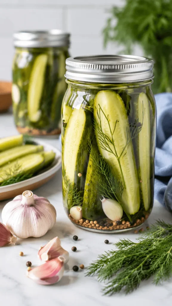 Refrigerator Dill Pickles packed as cucumber spears in clear brine with fresh dill, garlic cloves, mustard seeds, and black peppercorns.
