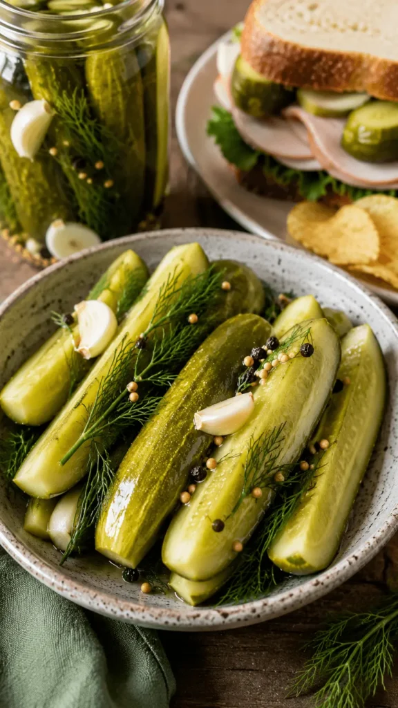 Refrigerator Dill Pickles served as crisp cucumber spears with fresh dill, garlic, mustard seeds, and black peppercorns beside a sandwich and chips.