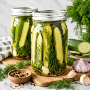 Refrigerator Dill Pickles in two glass jars with cucumber spears, fresh dill, garlic cloves, mustard seeds, black peppercorns, and clear brine.