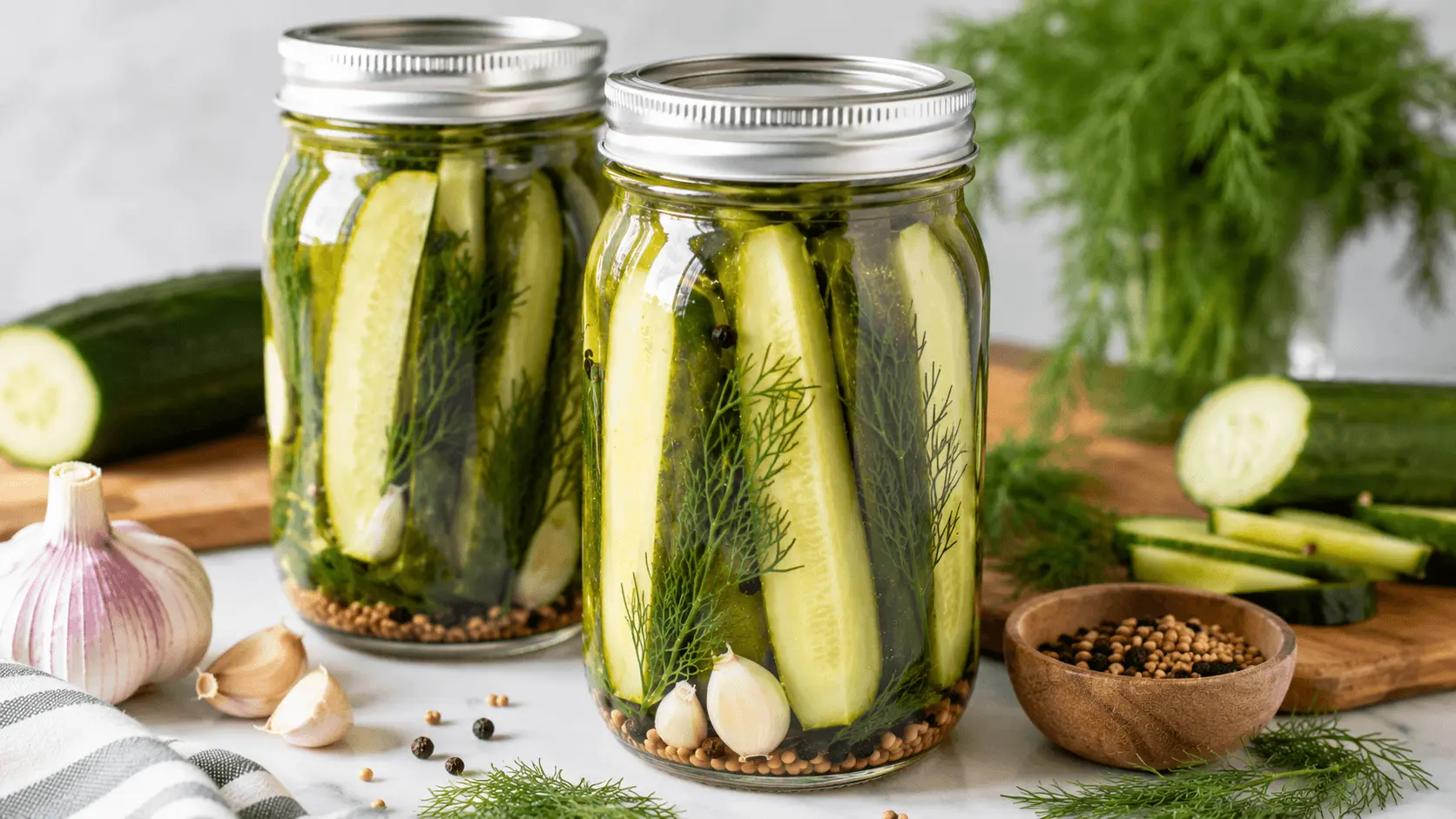 Refrigerator Dill Pickles in two glass jars with cucumber spears, fresh dill, garlic, mustard seeds, peppercorns, and clear refrigerator pickle brine.