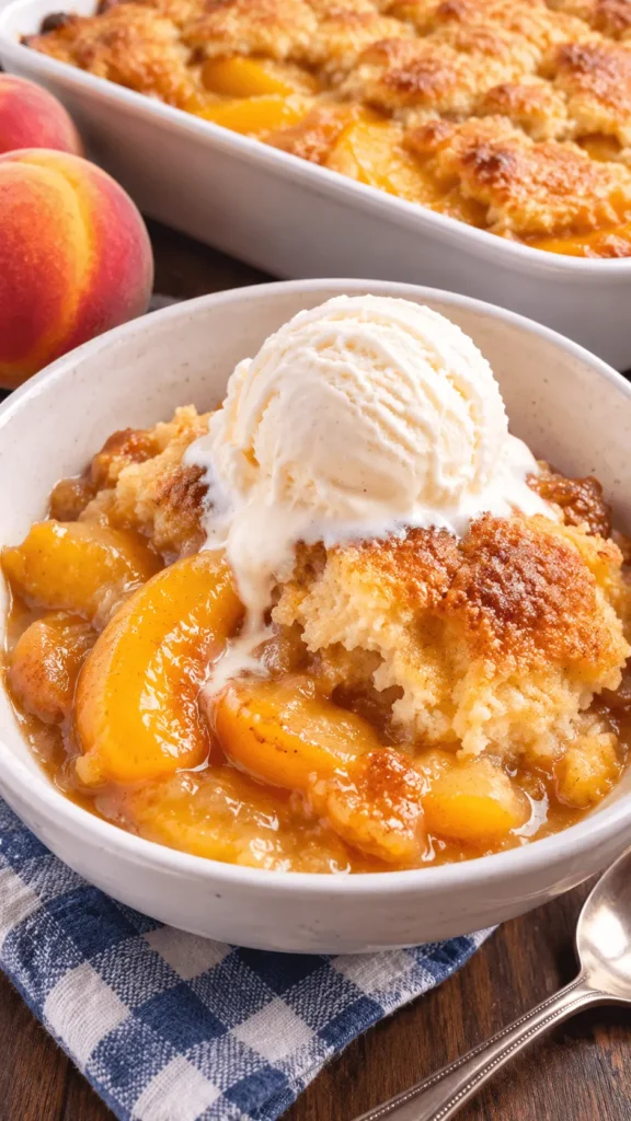 Southern Peach Cobbler served warm with juicy peach slices, golden buttery crust, and melting vanilla ice cream.
