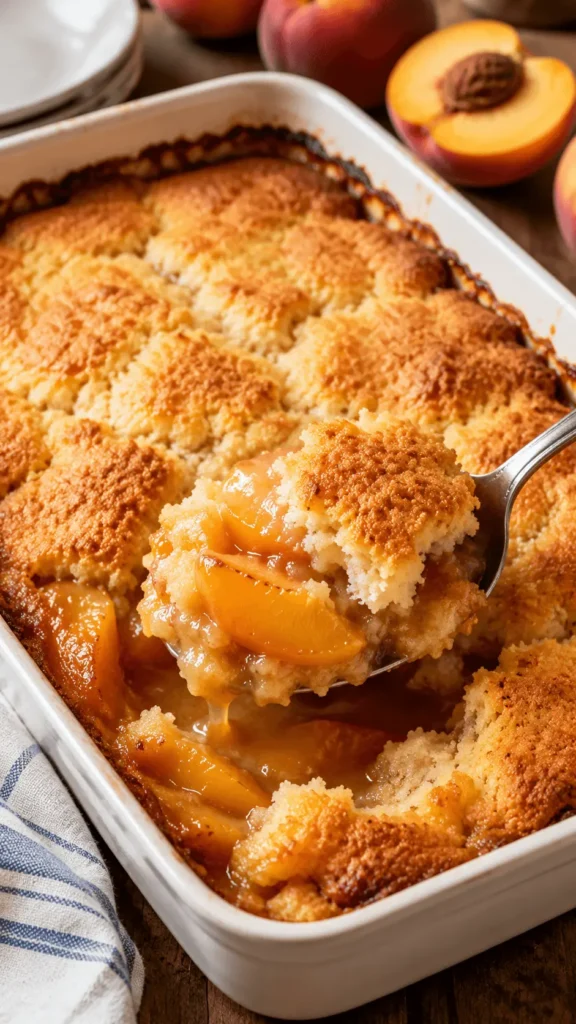Southern Peach Cobbler lifted from a white baking dish with glossy peach slices and a golden buttery crust.