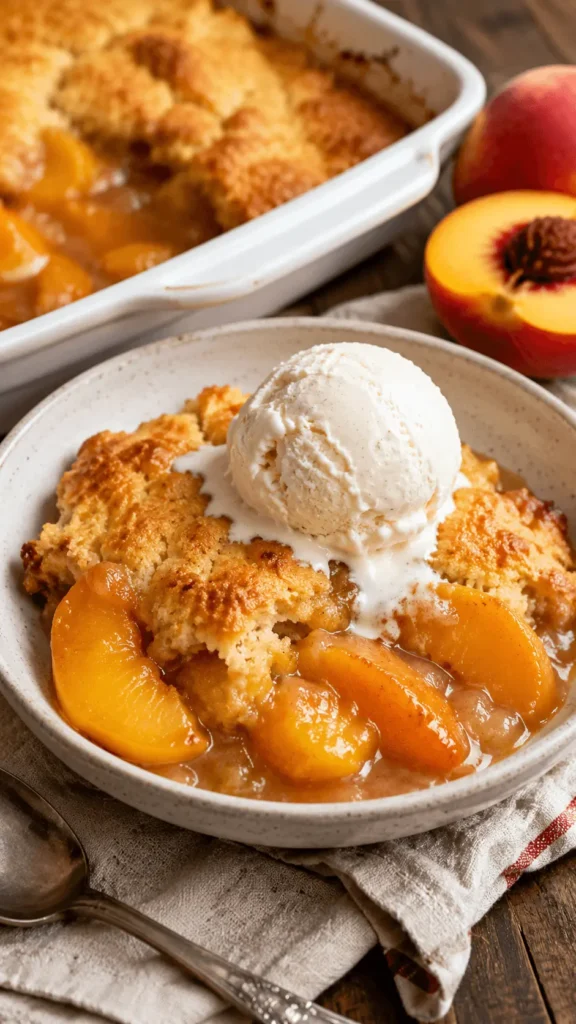 Southern Peach Cobbler served warm with juicy peach slices, golden buttery crust, melting vanilla ice cream, and fresh peaches nearby.