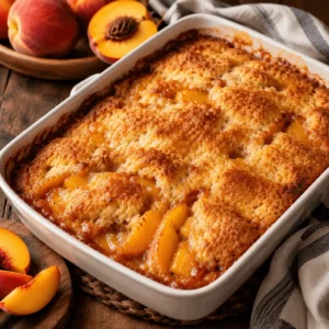 Southern Peach Cobbler in a white baking dish with juicy peach slices, bubbling filling, and a golden buttery crust.
