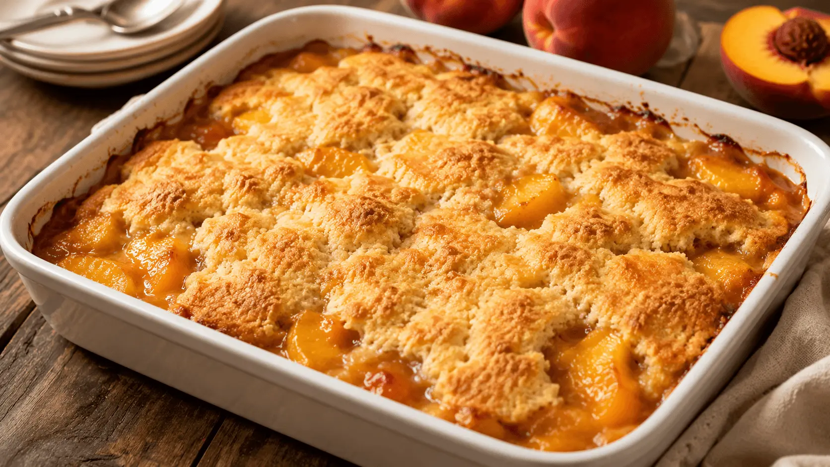Southern Peach Cobbler with juicy peach slices and a golden buttery crust in a white baking dish.