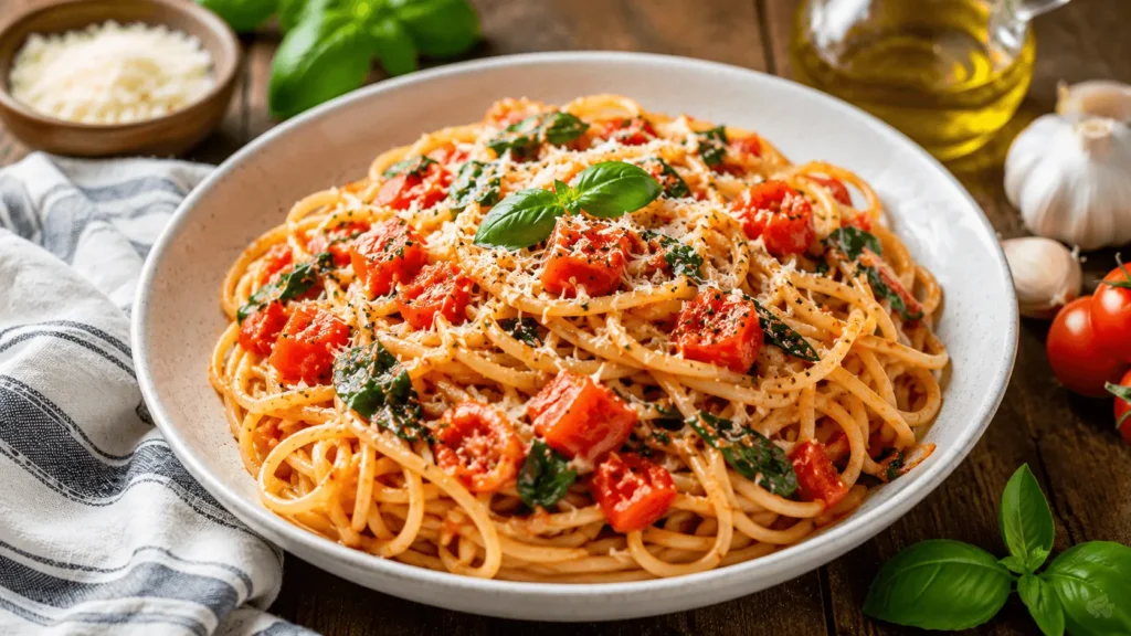 Tomato Basil Pasta with fresh tomatoes, basil leaves, grated cheese, garlic, and a glossy homemade tomato sauce.