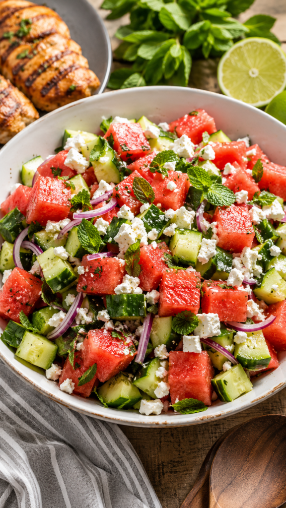 Watermelon Cucumber Feta Salad served with grilled chicken, lime, fresh mint, juicy watermelon, crisp cucumber, crumbled feta, and red onion.