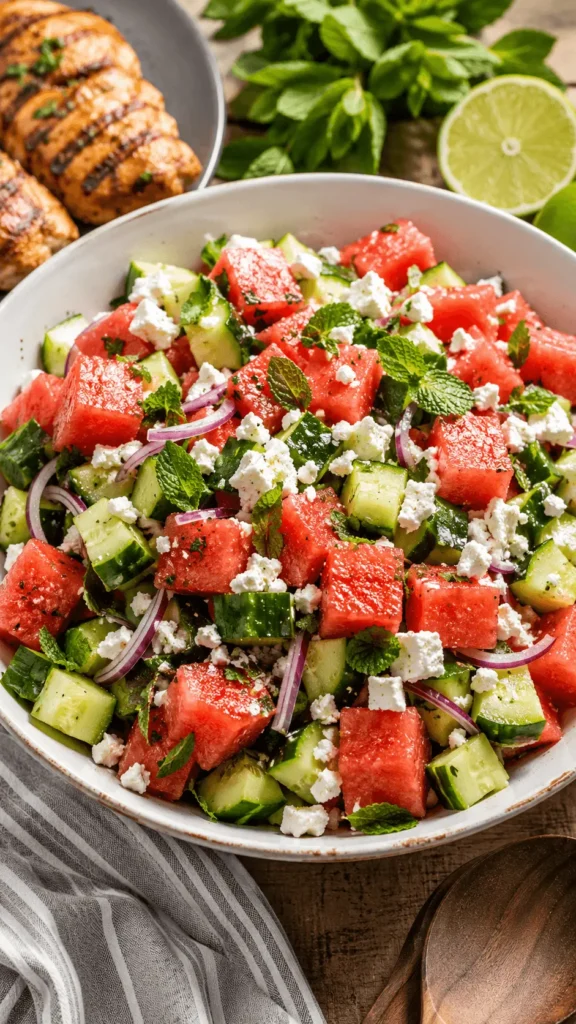 Watermelon Cucumber Feta Salad served with grilled chicken, lime, fresh mint, juicy watermelon, crisp cucumber, crumbled feta, and red onion.