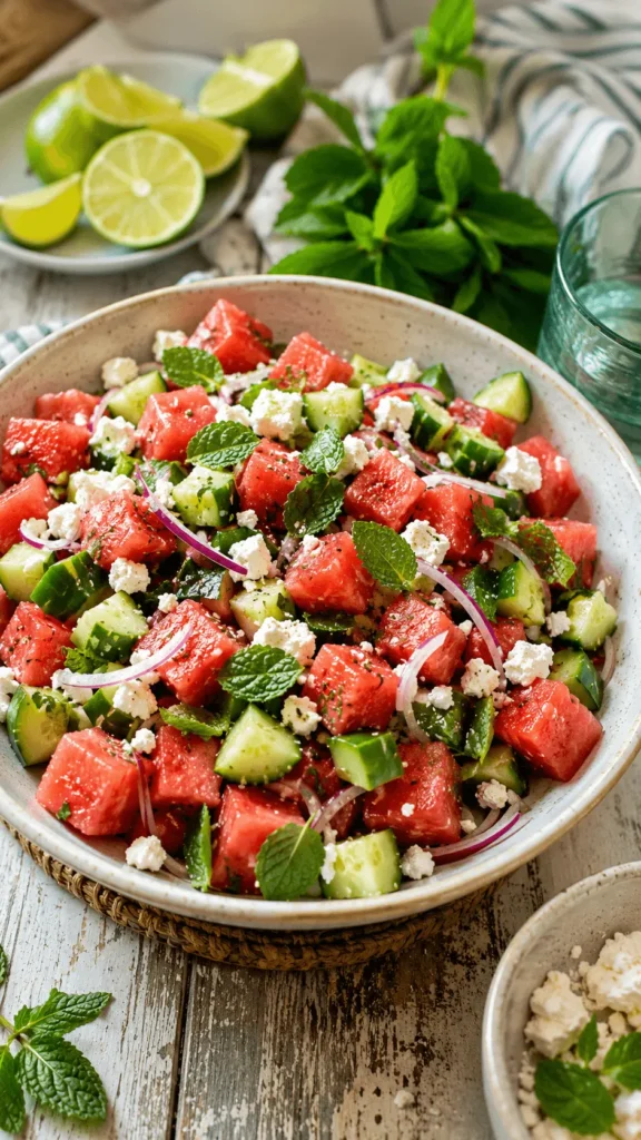 Watermelon Cucumber Feta Salad in a ceramic bowl with watermelon cubes, cucumber chunks, crumbled feta, mint, red onion, and lime dressing on a rustic table.