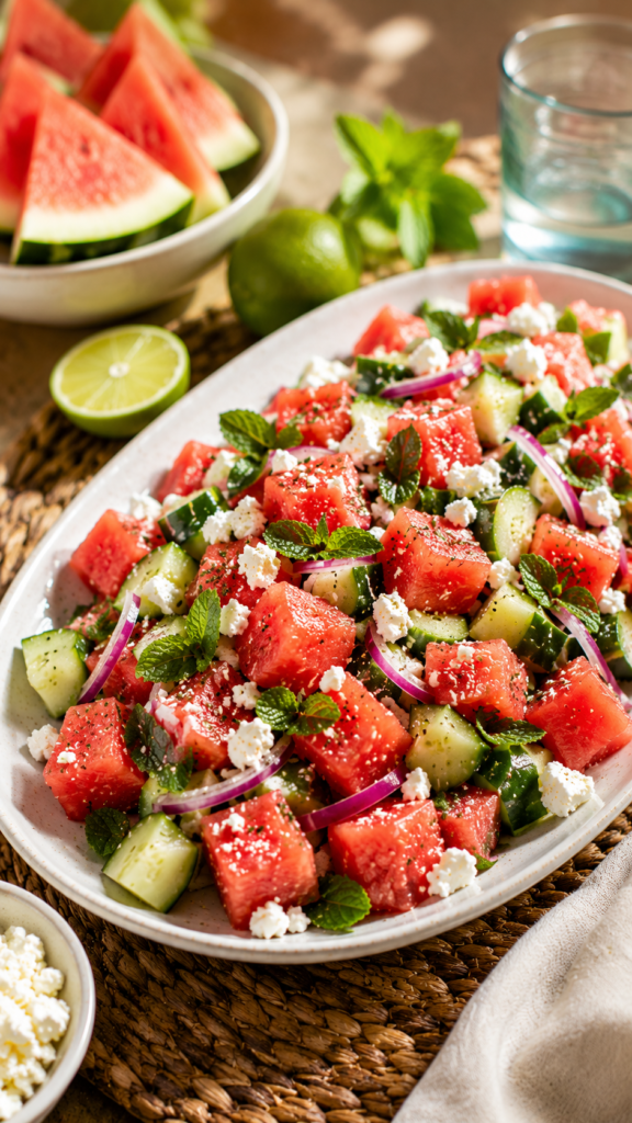 Watermelon Cucumber Feta Salad on a white platter with watermelon cubes, cucumber, crumbled feta, fresh mint, red onion, and lime dressing.