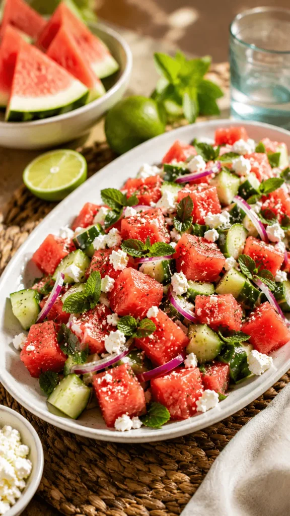 Watermelon Cucumber Feta Salad on a white platter with watermelon cubes, cucumber, crumbled feta, fresh mint, red onion, and lime dressing.