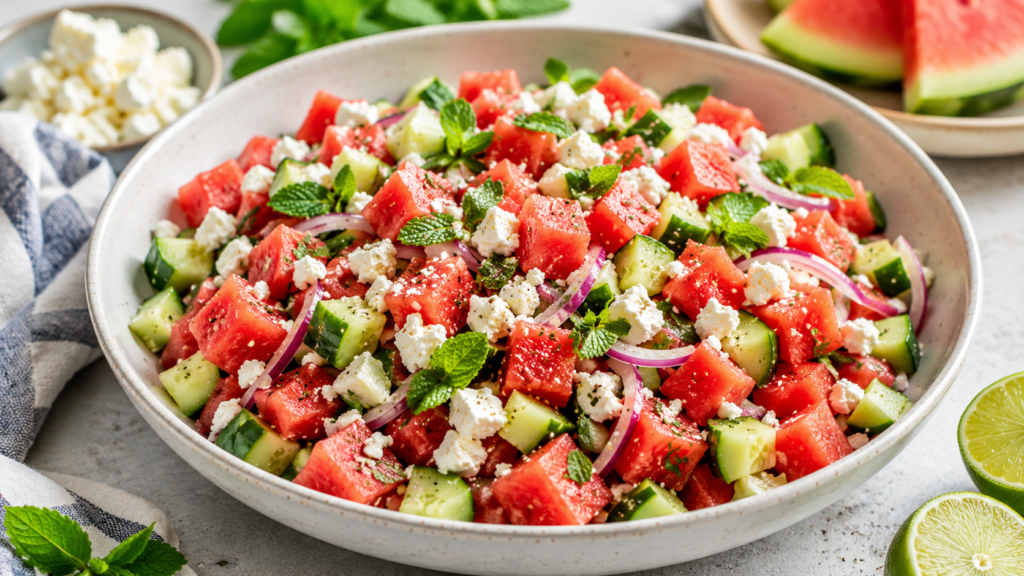 Watermelon Cucumber Feta Salad in a white bowl with juicy watermelon, crisp cucumber, crumbled feta, fresh mint, red onion, and lime dressing.