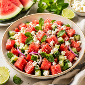 Watermelon Cucumber Feta Salad in a shallow bowl with watermelon cubes, cucumber, crumbled feta, fresh mint, red onion, and lime dressing.