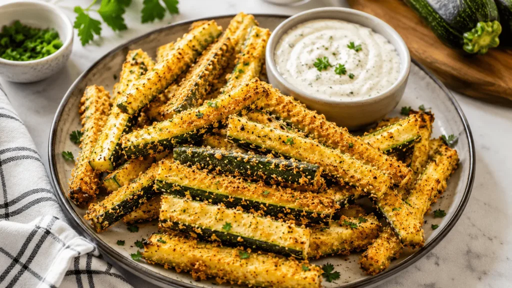 Crispy zucchini fries with a golden breadcrumb coating served beside a creamy herb zucchini fries dipping sauce.