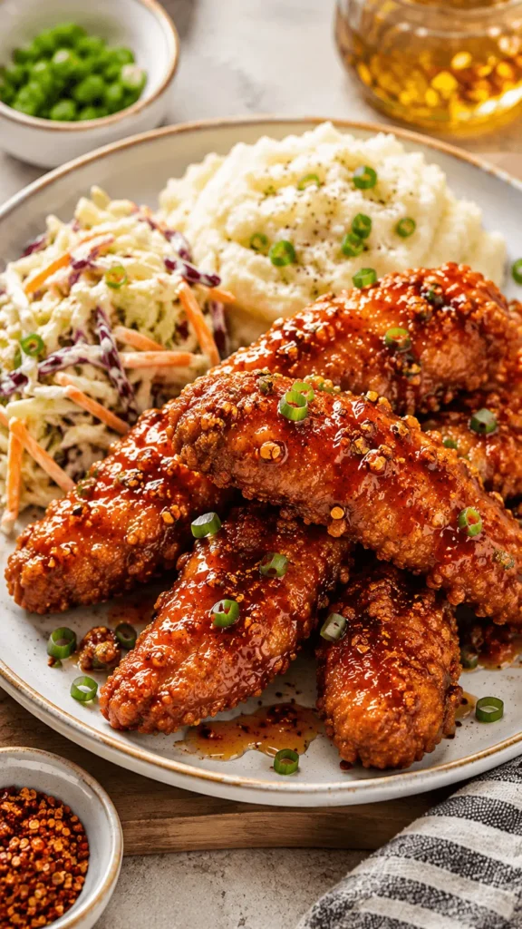 Hot Honey Chicken tenders coated in a glossy sweet and spicy sauce, served with creamy mashed potatoes, colorful coleslaw, green onions, and red pepper flakes.