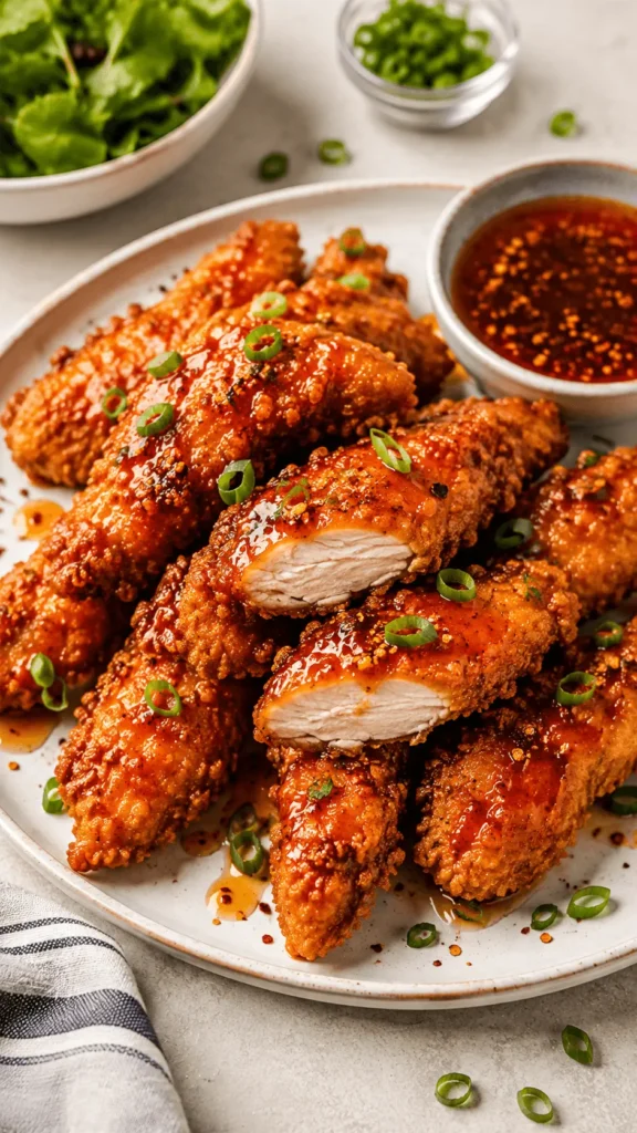 Hot Honey Chicken tenders with a crisp golden coating, glossy spicy honey glaze, sliced green onions, and a cut piece showing the juicy white center.