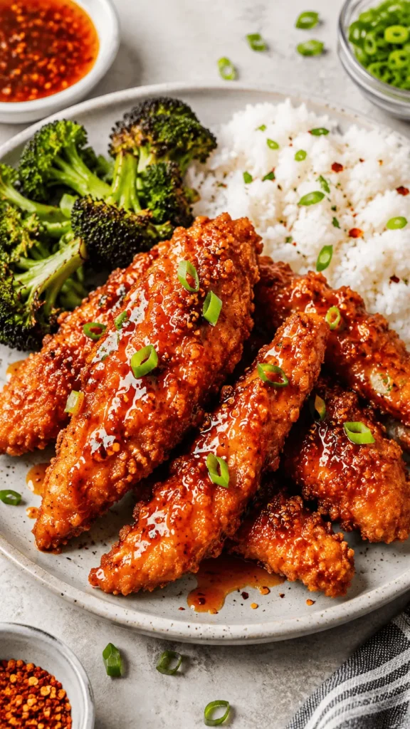 Hot Honey Chicken tenders with a crisp golden coating and glossy spicy honey glaze, served with white rice, roasted broccoli, green onions, and red pepper flakes.