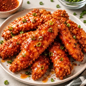 Hot Honey Chicken tenders with a crisp golden coating, glossy spicy honey glaze, sliced green onions, and red pepper flakes on a ceramic plate.