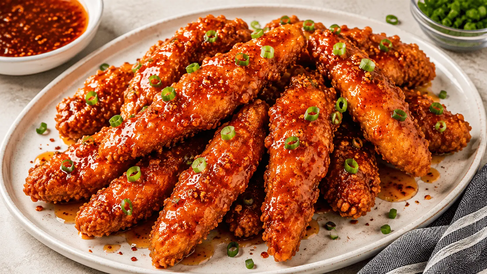 Hot Honey Chicken tenders with a crisp golden coating, glossy homemade hot honey sauce, red pepper flakes, and sliced green onions on a serving platter.