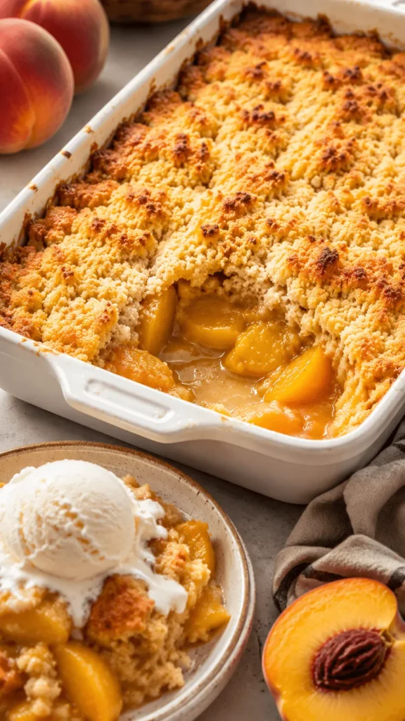 Peach Dump Cake with a golden cake mix topping, juicy peach filling, and a plated serving topped with vanilla ice cream.
