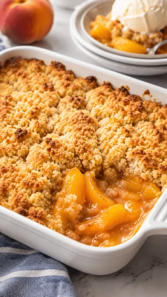 Peach Dump Cake with juicy peach slices, a golden cake mix topping, and a plated serving with vanilla ice cream in the background.