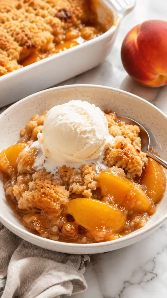 Peach Dump Cake served warm in a bowl with glossy peach slices, golden cake mix topping, and a scoop of vanilla ice cream.