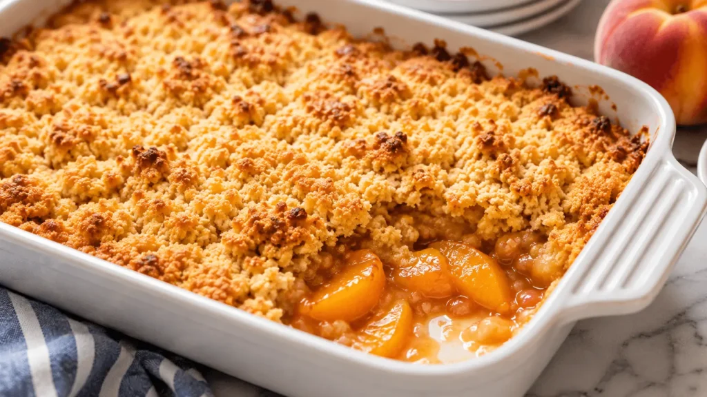 Peach Dump Cake with glossy canned peach slices and a golden, buttery cake mix topping in a white baking dish.